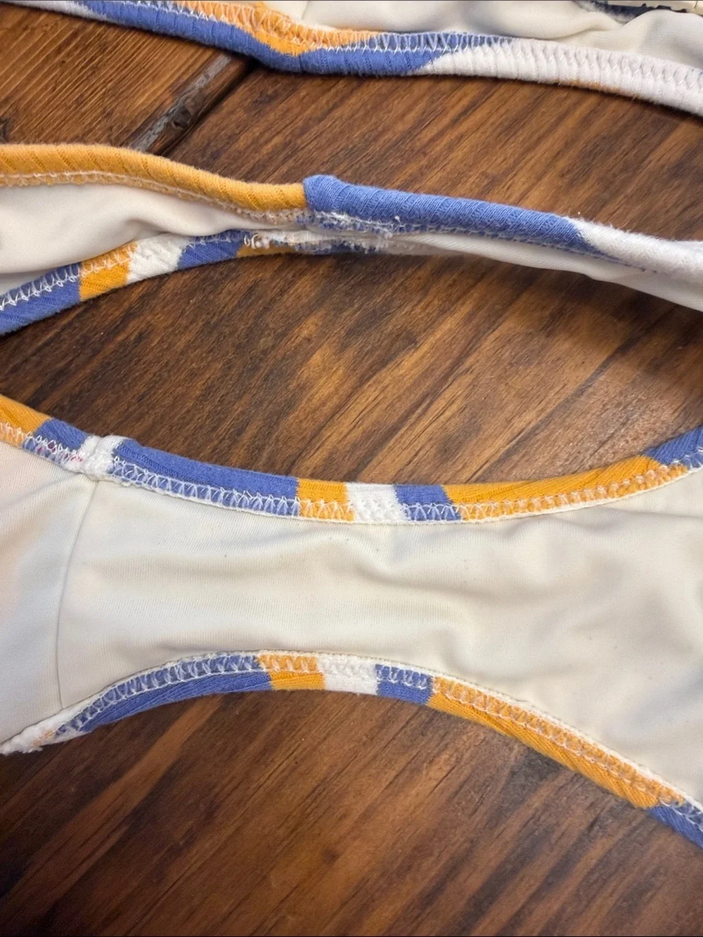 triangl swimwear Blue, White & Yellow Ribbed Stripe Bikini Top XL/Bottom Med EUC